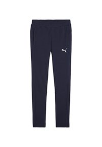 Marineblauwe sweatpants met elastische tailleband, twee zijzakken en het PUMA-logo in het wit. Kenmerkt contraststiksels in lichtblauw.