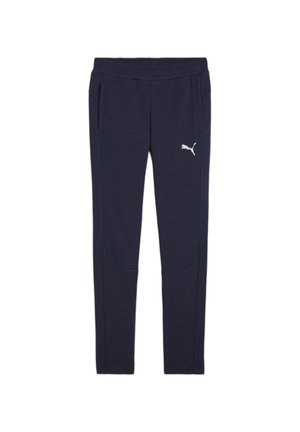 Marineblauwe sweatpants met elastische tailleband, twee zijzakken en het PUMA-logo in het wit. Kenmerkt contraststiksels in lichtblauw.