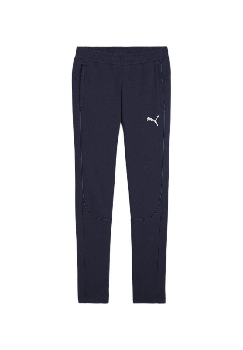 Marineblauwe sweatpants met elastische tailleband, twee zijzakken en het PUMA-logo in het wit. Kenmerkt contraststiksels in lichtblauw.
