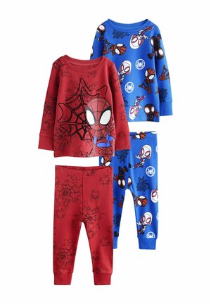 Divas komplekti bērnu pidžamām: vienas sarkanas ar Spider-Man grafiku, otras zilas ar dažādiem Spider-Man varoņiem, izgatavotas no mīksta kokvilnas.