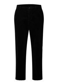 Mustad sametist sirged jalatsid, millel on nööbid ja lukuga sulgemine, vöökohad ning külje taskud.