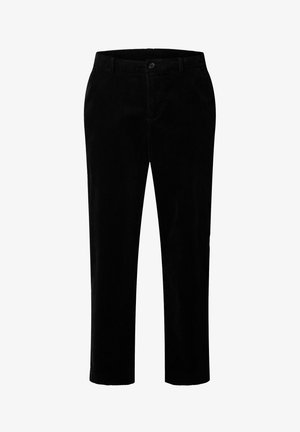 Pantaloni dritti in corduroy neri con chiusura a bottone e zip, passanti per cintura e tasche laterali.