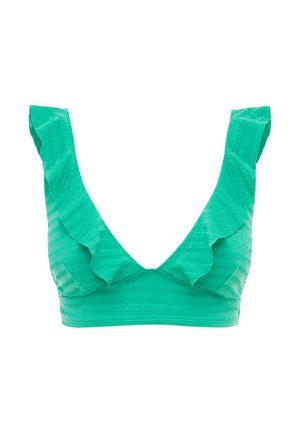 Grünes, strukturiertes Bikinioberteil mit Rüschen-Trägern und tiefem V-Ausschnitt auf weißem Hintergrund.