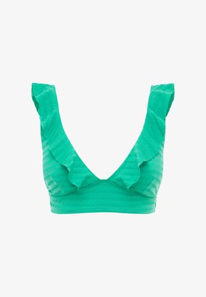 Groen textuur bikini top met gerimpelde bandjes en een diepe V-hals op een effen witte achtergrond.