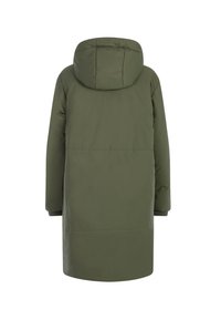 Lange, gewatteerde parka jas in donkergroen. Heeft een soepele, matte textuur met elastische manchetten en een rechte silhouet.