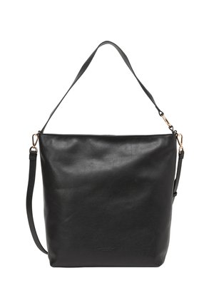 Black leather tote bag with a textured finish, single shoulder strap, and adjustable crossbody strap, featuring subtle logo detail.