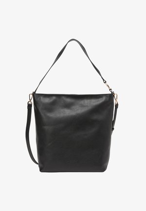 Black leather tote bag with a textured finish, single shoulder strap, and adjustable crossbody strap, featuring subtle logo detail.