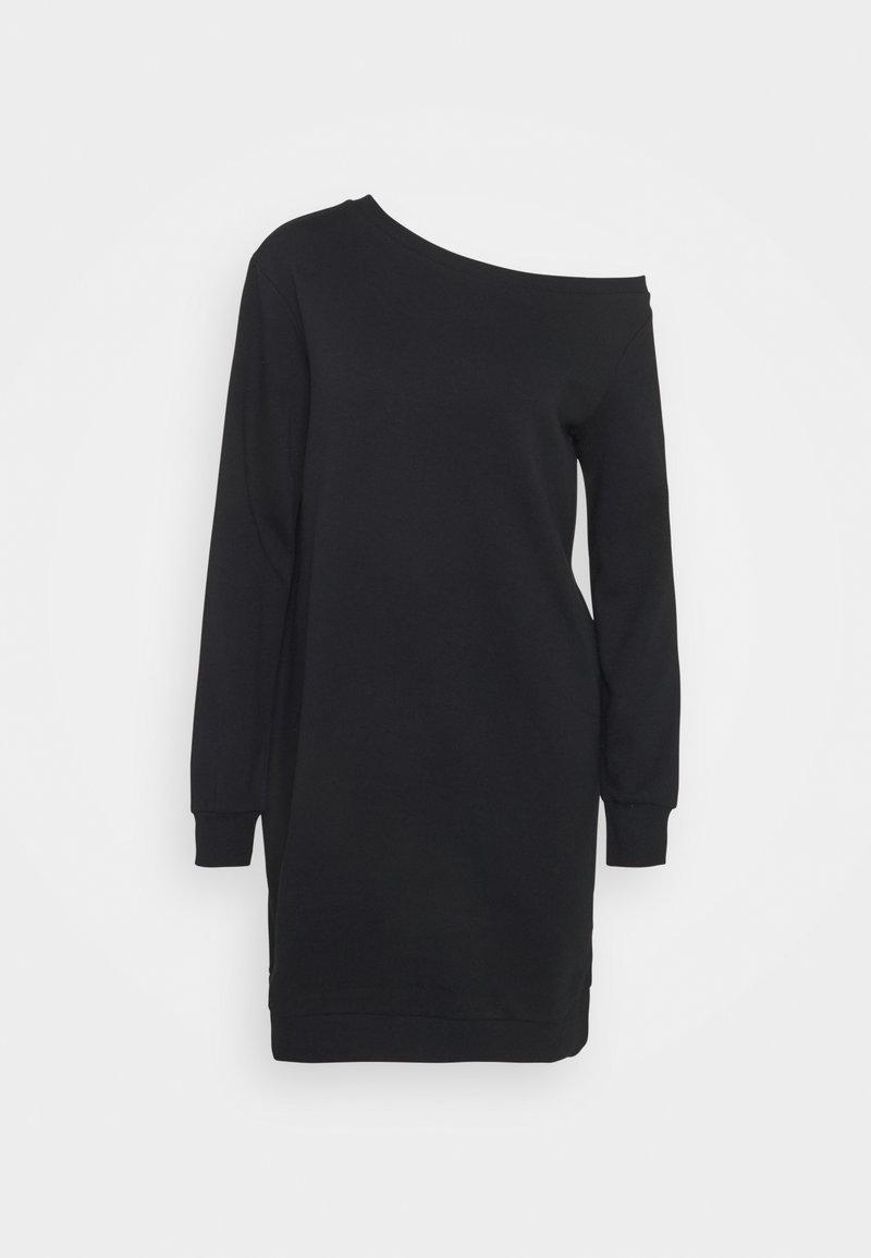 Robe noire à manches longues avec un décolleté asymétrique, comprenant une découpe à une épaule et des poignets ainsi qu'un ourlet côtelés.