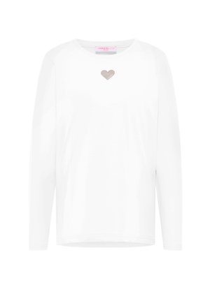 Witte katoenen blouse met lange mouwen, voorzien van een klein beige hartontwerp op de borst, ronde hals en een relaxed fit. Zachte textuur.