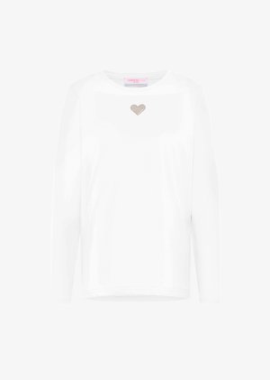 Witte katoenen blouse met lange mouwen, voorzien van een klein beige hartontwerp op de borst, ronde hals en een relaxed fit. Zachte textuur.