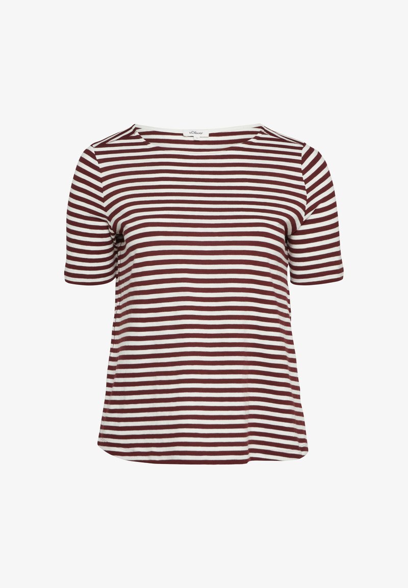 T-shirt à manches courtes et col rond, avec des rayures horizontales blanches et rouge foncé, présenté sur un fond blanc.