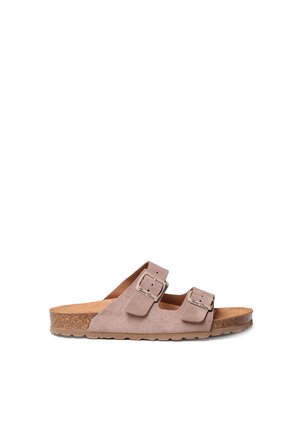 Dammiga rosa mockaskor med två justerbara remmar, korkfotbädd och strukturerad gummiyttersula. Avslappnad slip-on-design för komfort.
