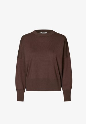 Brown knitted sweater with a round neck, loose fit, wide sleeves, and ribbed hem. Made from a soft, textured yarn.