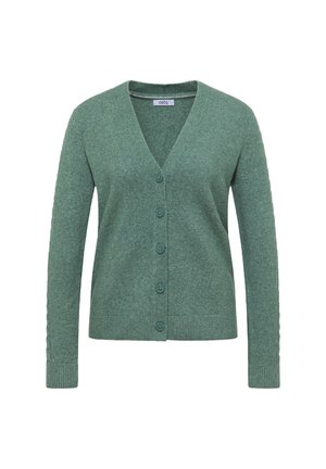 Grøn cardigan lavet af blødt stof med V-hals, lange ærmer og knaplukning. Teksturdetalje på ærmeenderne.