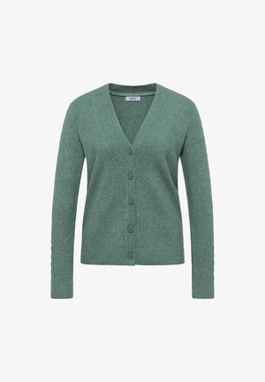 Cardigan verde realizzato in tessuto morbido, con scollo a V, maniche lunghe e chiusura con bottoni. Dettaglio testurizzato sui polsini delle maniche.