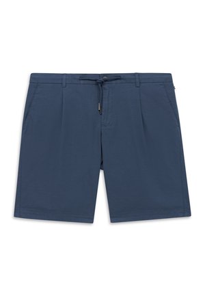 Marineblaue Shorts mit Vordertaschen, Gürtelschlaufen, Knopfverschluss und verstellbarem Kordelzug in der Taille.