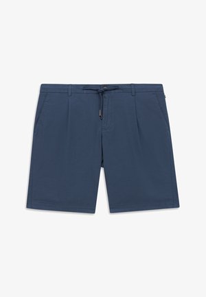 Marineblaue Shorts mit Vordertaschen, Gürtelschlaufen, Knopfverschluss und verstellbarem Kordelzug in der Taille.
