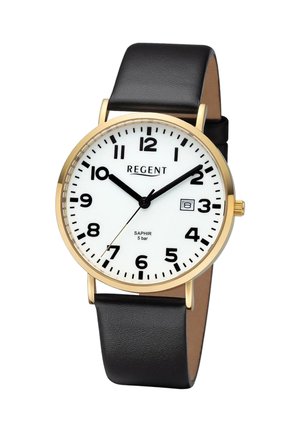 Montre-bracelet classique avec cadran blanc, chiffres noirs, lunette dorée, bracelet en cuir noir, affichant l’heure 10h10 et la date 8.