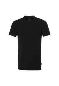 Zwarte polo met korte mouwen en een mandarin kraag, voorzien van een geborduurd "Kempa" logo op de voorkant. Zachte stof met een gladde textuur.