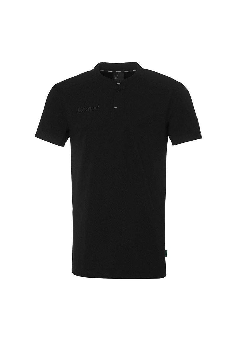 Zwarte polo met korte mouwen en een mandarin kraag, voorzien van een geborduurd "Kempa" logo op de voorkant. Zachte stof met een gladde textuur.