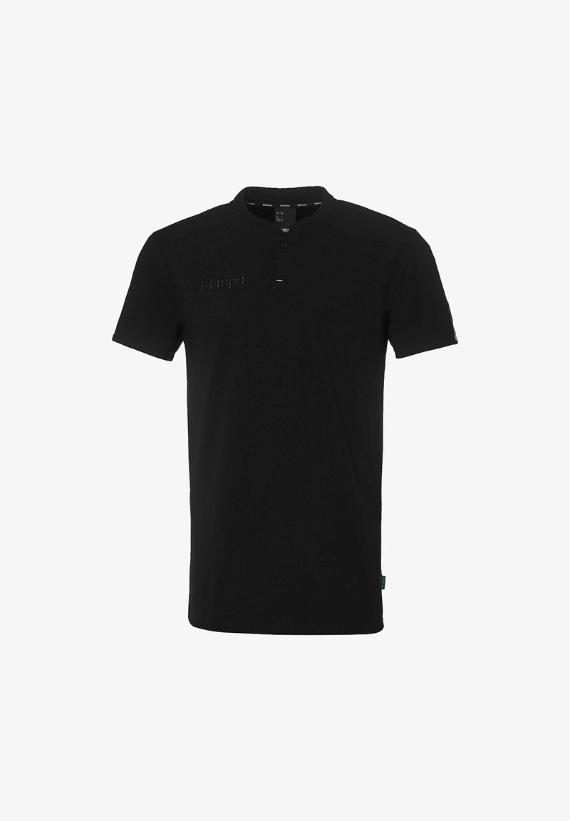 Zwarte polo met korte mouwen en een mandarin kraag, voorzien van een geborduurd "Kempa" logo op de voorkant. Zachte stof met een gladde textuur.