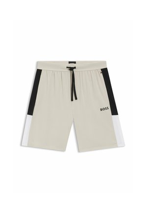 Beige Kordelzug-Shorts mit schwarz-weißen Seitenpaneelen und "BOSS"-Logo am rechten Bein, flach auf weißem Hintergrund liegend.