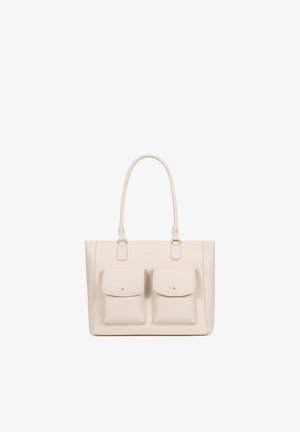 Cream leather tote bag with two front flap pockets and double shoulder straps, rectangular shape with minimal stitching details.
