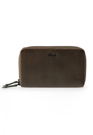 Brown leather wallet with a textured surface, zip closure, and black logo detail. Features a sturdy attachment clasp. Compact design.
