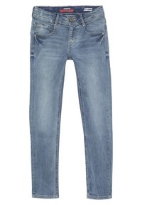 Jeans de mezclilla azul claro con un diseño ajustado, cinco bolsillos y un ligero desgaste. Incluye un cierre de botón y pasadores para el cinturón.