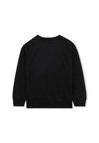 Sweatshirt noir à manches longues, col rond et poignets côtelés. Texture lisse, design simple, sans motifs ni accents visibles.