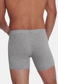 Männer graue Baumwoll-Boxershorts mit glatter Textur, elastischem Bund und mid-thigh Länge. Nahtloses Rückendesign.