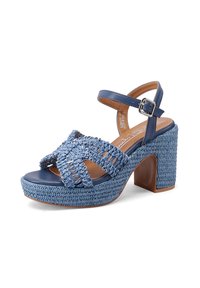 Sandali platform blu con texture intrecciata, caratterizzati da un design a fascia intrecciata, punta chiusa e tacco a blocco. Cinturino alla caviglia regolabile con fibbia.