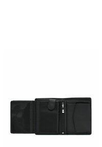 Czarny skórzany portfel, w formacie bifold, z zamykaną komorą na monety, kieszonkami na karty oraz fakturowanym wykończeniem. Wnętrze również w kolorze czarnym.
