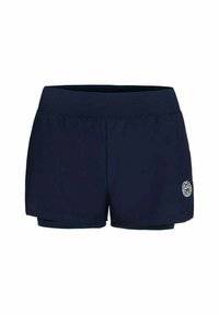 Pantalones cortos deportivos de color azul marino con cinturilla elástica y un pequeño logotipo blanco en el dobladillo delantero izquierdo, diseñados para deportes o entrenamientos.