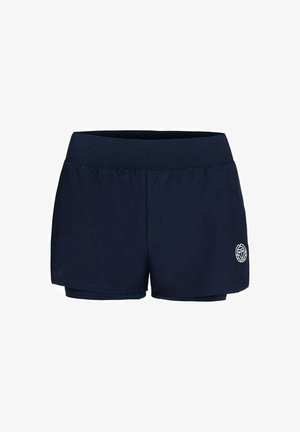 Marineblaue Sportshorts mit elastischem Bund und kleinem weißen Logo am linken Saum, entworfen für Sport oder Workouts.