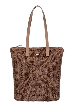 Sac cabas marron au crochet avec motif carré et deux longues bretelles en cuir lisse.