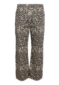 Pantalons larges en tissu beige avec un motif zèbre noir, taille mi-haute et poches arrière. Détails de surface texturée.
