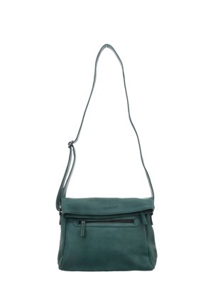 Teal leather crossbody bag with adjustable strap, front zip pocket, and fold-over flap closure.