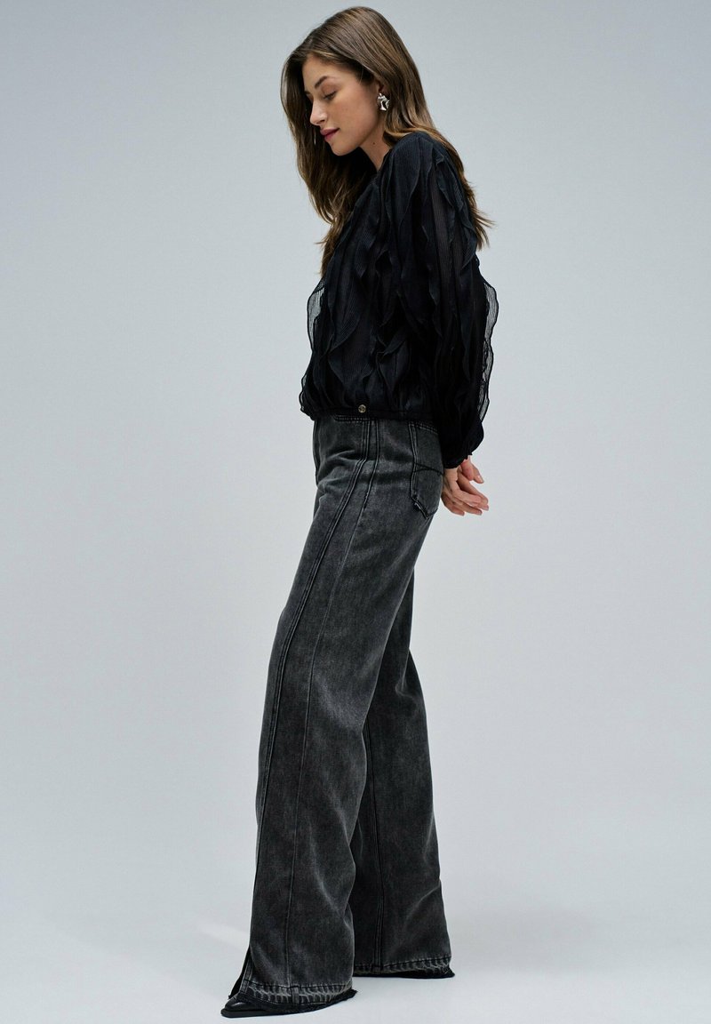 Allegra K Haut en Velours Femme à Paillettes Chemisier à Manches Longues Bouffantes Haut à Col Rond Blouse pour Soirée et Fête Noir S