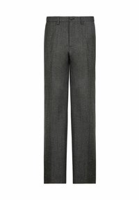 Pantalons gris à motif avec une coupe droite, fabriqués dans un tissu texturé. Comprend une fermeture à bouton à l'avant et des passants de ceinture.