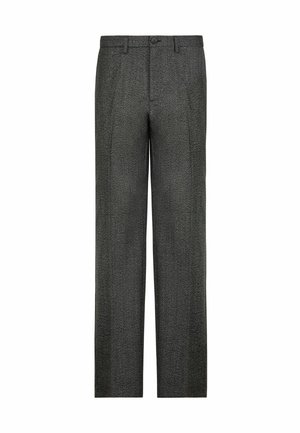 Szare spodnie w wzór z prostą nogawką, wykonane z teksturowanej tkaniny. Posiadają zapięcie na guzik z przodu i szlufki na pasek.