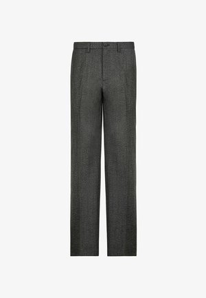 Grau gemusterte Hose mit geradem Bein, aus einem strukturierten Stoff gefertigt. Sie verfügt über einen frontalen Knopfverschluss und Gürtelschlaufen.