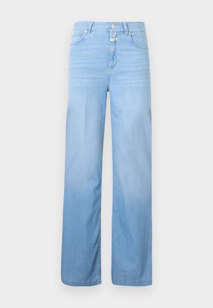 Light blue denim jeans with a straight-leg design, 5-pocket style, button closure, and faded texture towards the bottom.