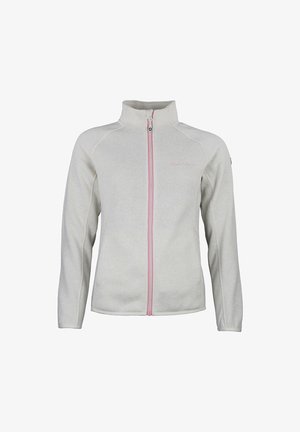 Veste en polaire gris clair avec un col haut, une fermeture éclair intégrale et des accents roses le long de la fermeture éclair et du logo de la marque. Comprend des manches longues et une texture douce.