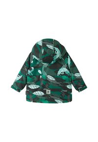 Giacca verde con motivo a foglie e silhouette di animali. Realizzata in materiale impermeabile e dotata di cappuccio. Include un piccolo logo.
