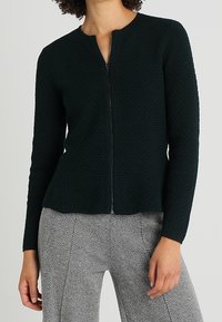 Ciemnozielony sweter rozpinany na zamek z teksturowanym wzorem, okrągłym dekoltem i długimi rękawami, zestawiony z spodniami w kratę hounds-tooth.