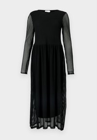 Black dress with long striped sheer sleeves, textured bodice, and flowy skirt. Features a round neck and ankle-length design.