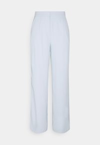 Light blue high-waist straight-leg trousers with front pleats and a covered front zipper.
