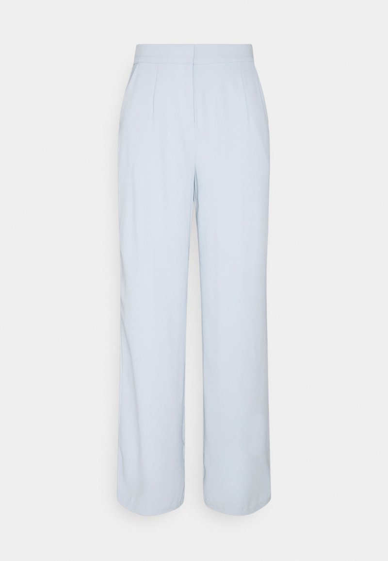 Light blue high-waist straight-leg trousers with front pleats and a covered front zipper.