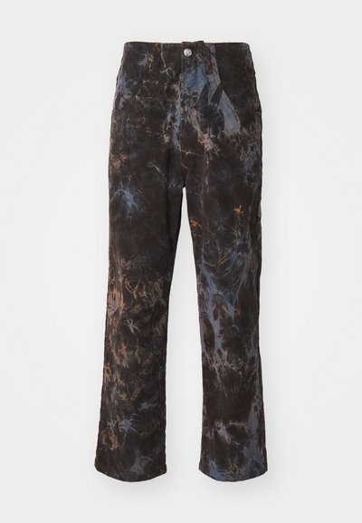 Black corduroy pants featuring tie-dye pattern in dark blue and brown tones. Straight-leg design with front pockets and a metal button closure.